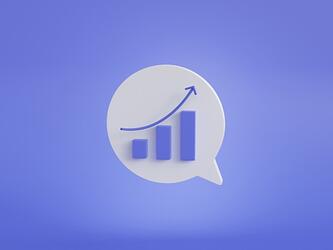 speech bubble showing bar charts and an arrow pointing upwards